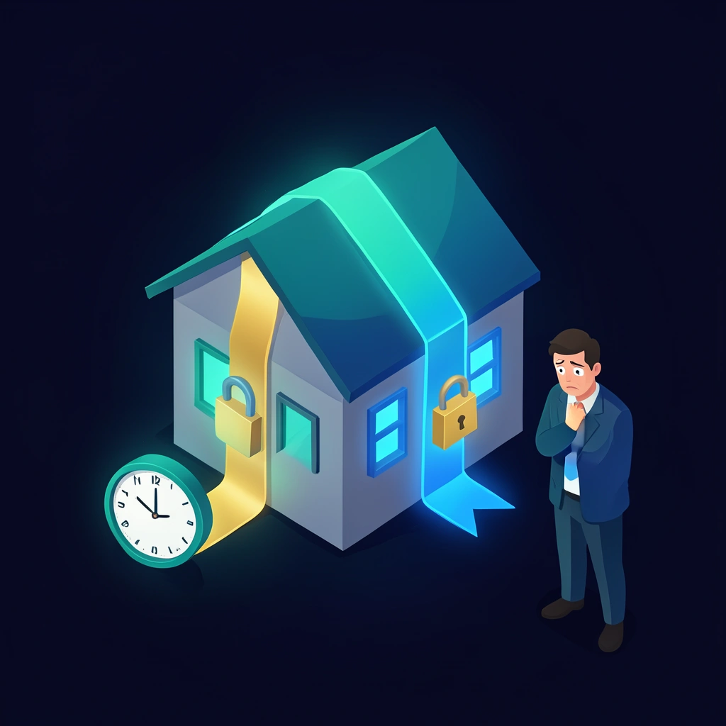 A house tied up under a contract ribbon with a ticking clock