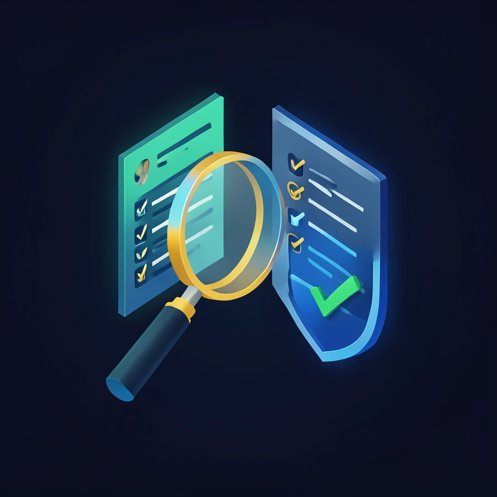 A magnifying glass and checklist vetting a buyer